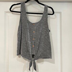Caution to the Wind Crop Tank with Tie Front, Black and White Stripe, Size L